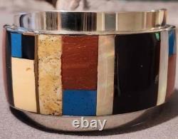 RARE HM Vtg Native American Multi-Stone Inlay Sterling Silver Cuff Bracelet