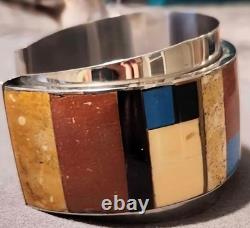 RARE HM Vtg Native American Multi-Stone Inlay Sterling Silver Cuff Bracelet