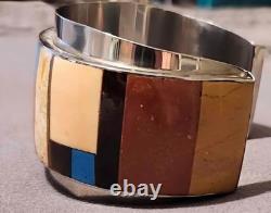 RARE HM Vtg Native American Multi-Stone Inlay Sterling Silver Cuff Bracelet