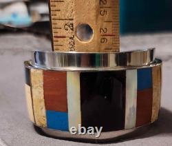 RARE HM Vtg Native American Multi-Stone Inlay Sterling Silver Cuff Bracelet