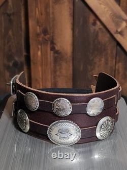RARE Najavo Native American Vintage Sterling Silver Conchos And Leather Bracelet