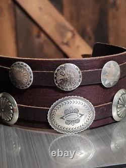 RARE Najavo Native American Vintage Sterling Silver Conchos And Leather Bracelet