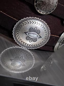 RARE Najavo Native American Vintage Sterling Silver Conchos And Leather Bracelet
