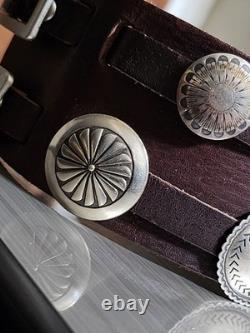 RARE Najavo Native American Vintage Sterling Silver Conchos And Leather Bracelet RARE Najavo Native American Vintage Sterling Silver Conchos And Leather Bracelet