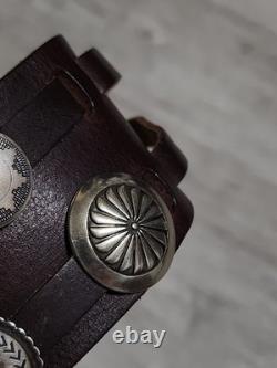 RARE Najavo Native American Vintage Sterling Silver Conchos And Leather Bracelet