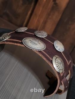 RARE Najavo Native American Vintage Sterling Silver Conchos And Leather Bracelet