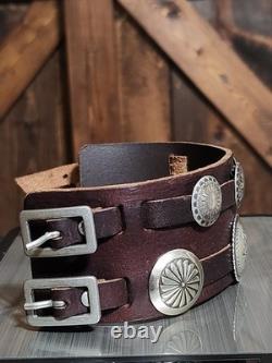 RARE Najavo Native American Vintage Sterling Silver Conchos And Leather Bracelet