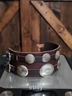RARE Najavo Native American Vintage Sterling Silver Conchos And Leather Bracelet