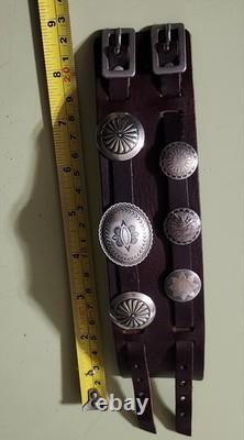 RARE Najavo Native American Vintage Sterling Silver Conchos And Leather Bracelet