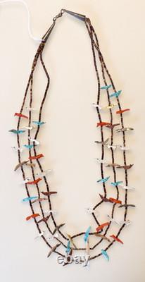 RARE Native American 27 Vintage Three Strand Animal Fetish Heishi Bead Necklace