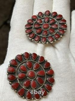 RARE Signed Marcus Yowytewa Hopi Sterling Silver Red Coral Cluster Earrings Vtg