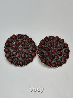 RARE Signed Marcus Yowytewa Hopi Sterling Silver Red Coral Cluster Earrings Vtg