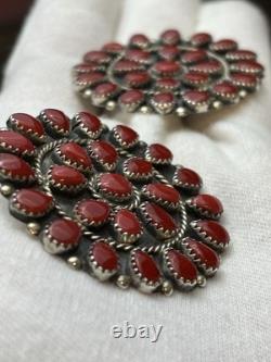 RARE Signed Marcus Yowytewa Hopi Sterling Silver Red Coral Cluster Earrings Vtg