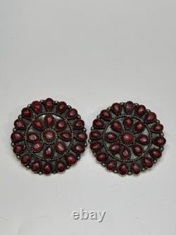 RARE Signed Marcus Yowytewa Hopi Sterling Silver Red Coral Cluster Earrings Vtg