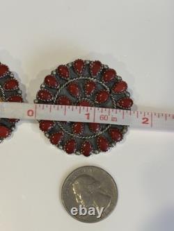 RARE Signed Marcus Yowytewa Hopi Sterling Silver Red Coral Cluster Earrings Vtg