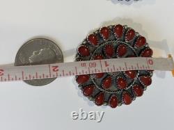 RARE Signed Marcus Yowytewa Hopi Sterling Silver Red Coral Cluster Earrings Vtg