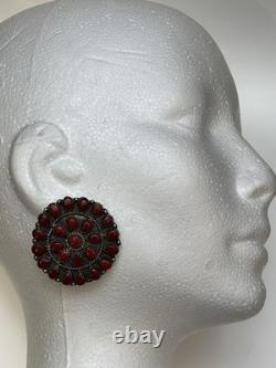 RARE Signed Marcus Yowytewa Hopi Sterling Silver Red Coral Cluster Earrings Vtg
