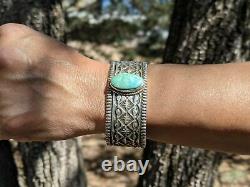 RARE Vintage Navajo Cuff Bracelet Sterling Green Stone Sz 7 Signed Jewelry