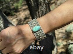 RARE Vintage Navajo Cuff Bracelet Sterling Green Stone Sz 7 Signed Jewelry