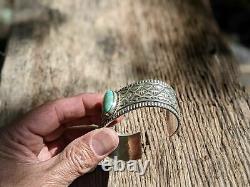 RARE Vintage Navajo Cuff Bracelet Sterling Green Stone Sz 7 Signed Jewelry