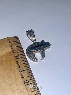 RARE Vintage Navajo Native American Solid Sterling Silver Turquoise Bear Pendant