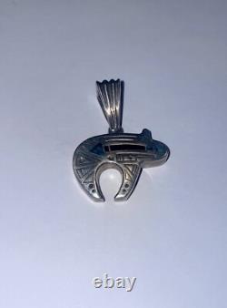 RARE Vintage Navajo Native American Solid Sterling Silver Turquoise Bear Pendant