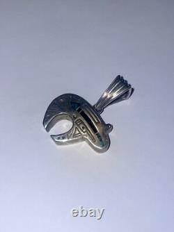RARE Vintage Navajo Native American Solid Sterling Silver Turquoise Bear Pendant