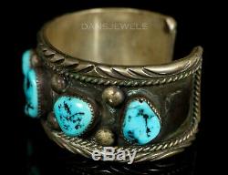 RUSTIC Heavy Navajo Vintage OLD PAWN Traditional Kingman Turquoise ROW Bracelet