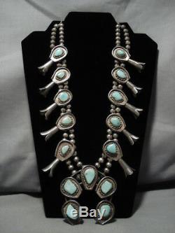 Rare Hachita Turquoise Vintage Navajo Sterling Silver Squash Blossom Necklace