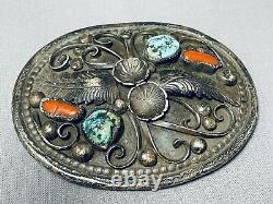 Rare Lee Extreme Detail Vintage Navajo Turquoise Coral Sterling Silver Buckle