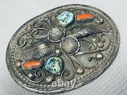 Rare Lee Extreme Detail Vintage Navajo Turquoise Coral Sterling Silver Buckle