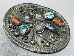 Rare Lee Extreme Detail Vintage Navajo Turquoise Coral Sterling Silver Buckle