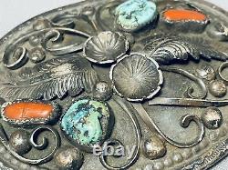 Rare Lee Extreme Detail Vintage Navajo Turquoise Coral Sterling Silver Buckle