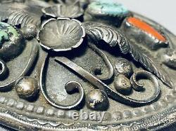Rare Lee Extreme Detail Vintage Navajo Turquoise Coral Sterling Silver Buckle