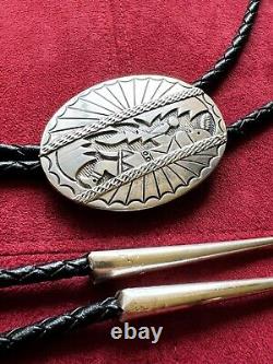 Rare Sterling Silver Vintage Navajo Bolo Tie Signed by R. Wylie