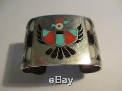 Rare Vintage Lolita Natachu Zuni Sterling Thunderbird Inlaid Stone Cuff Bracelet