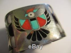 Rare Vintage Lolita Natachu Zuni Sterling Thunderbird Inlaid Stone Cuff Bracelet