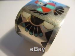 Rare Vintage Lolita Natachu Zuni Sterling Thunderbird Inlaid Stone Cuff Bracelet