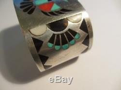 Rare Vintage Lolita Natachu Zuni Sterling Thunderbird Inlaid Stone Cuff Bracelet