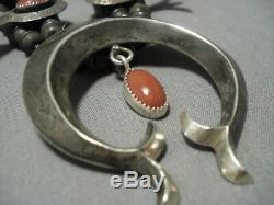 Rare! Vintage Navajo Coral Sterling Silver Squash Blossom Necklace Old