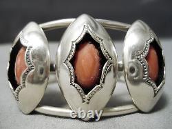 Rare Vintage Navajo Domed Coral Sterling Silver Native American Bracelet