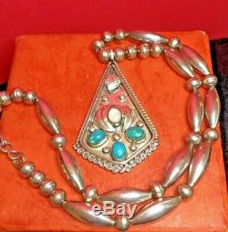 Rare Vintage Sterling Native American Necklace Turquoise Signed Pendant