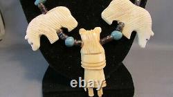 Rare Zuni Native American Carved Bear Fetish Heishi Bone Kachina Necklace