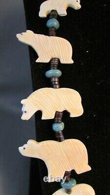 Rare Zuni Native American Carved Bear Fetish Heishi Bone Kachina Necklace