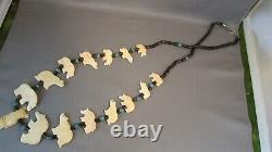 Rare Zuni Native American Carved Bear Fetish Heishi Bone Kachina Necklace