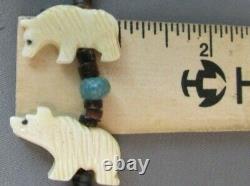 Rare Zuni Native American Carved Bear Fetish Heishi Bone Kachina Necklace