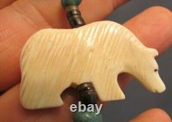 Rare Zuni Native American Carved Bear Fetish Heishi Bone Kachina Necklace