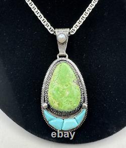 Richard Begay Navajo Sterling Sliver Necklace Turquoise Inlay Pendant Signed VTG