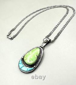 Richard Begay Navajo Sterling Sliver Necklace Turquoise Inlay Pendant Signed VTG