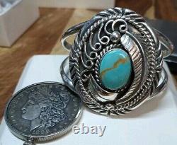 Royston Turquiose Sterling Silver Native American Bracelet Signed V 52.8 Gr